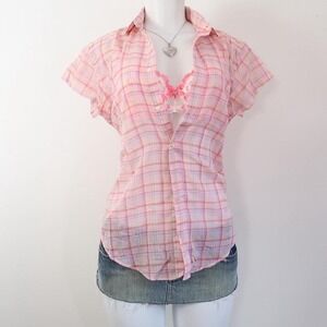 y2k pastel plaid button up shirt vintage short sleeve soft girl